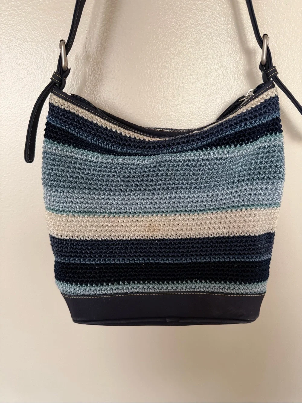 THE SAK Vintage Blue Stripe Crochet Knit Hobo Shoulder Bag